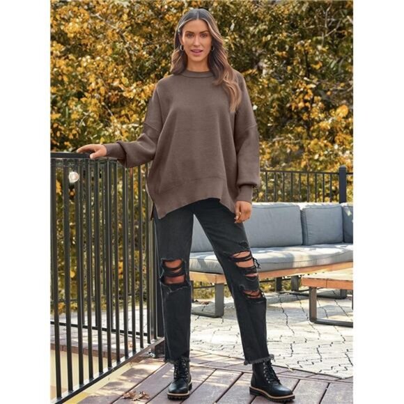 Women's Crewneck Batwing Oversized Long Sleeve Sweaters Side‎ Slit Pullover Tops - Picture 6 of 6